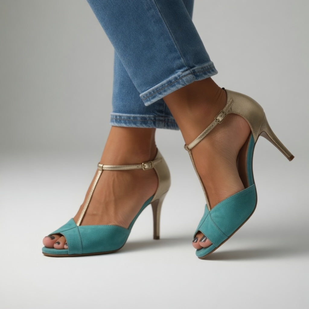 Roksana™ — Two-Tone Turquoise and Gold Stiletto Sandal with Vibrant Elegance