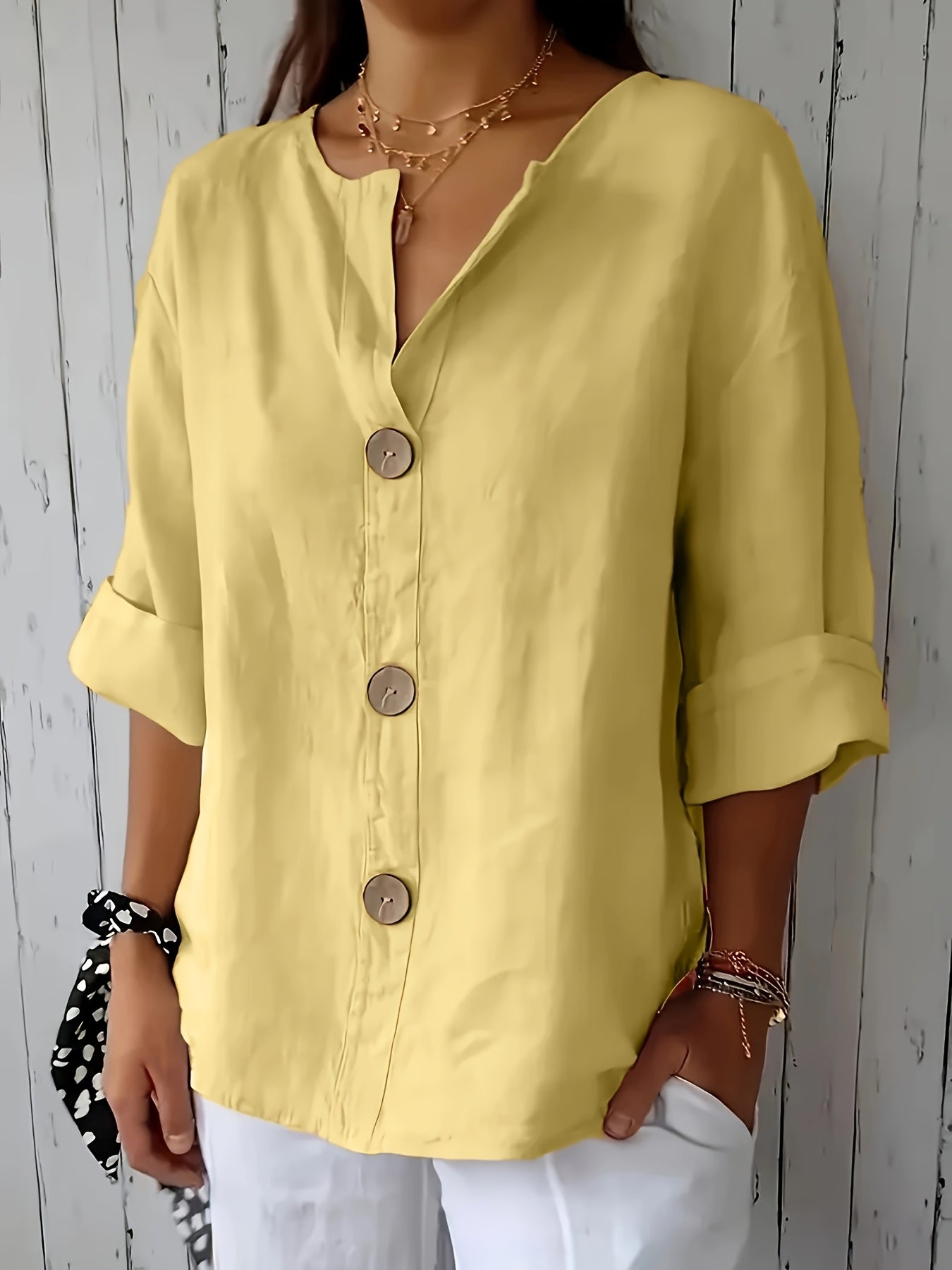 Lunessa – Butter-Soft Notched-Neck Button Blouse