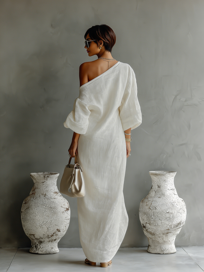 Ivory Linen Dress Off-Shoulder
