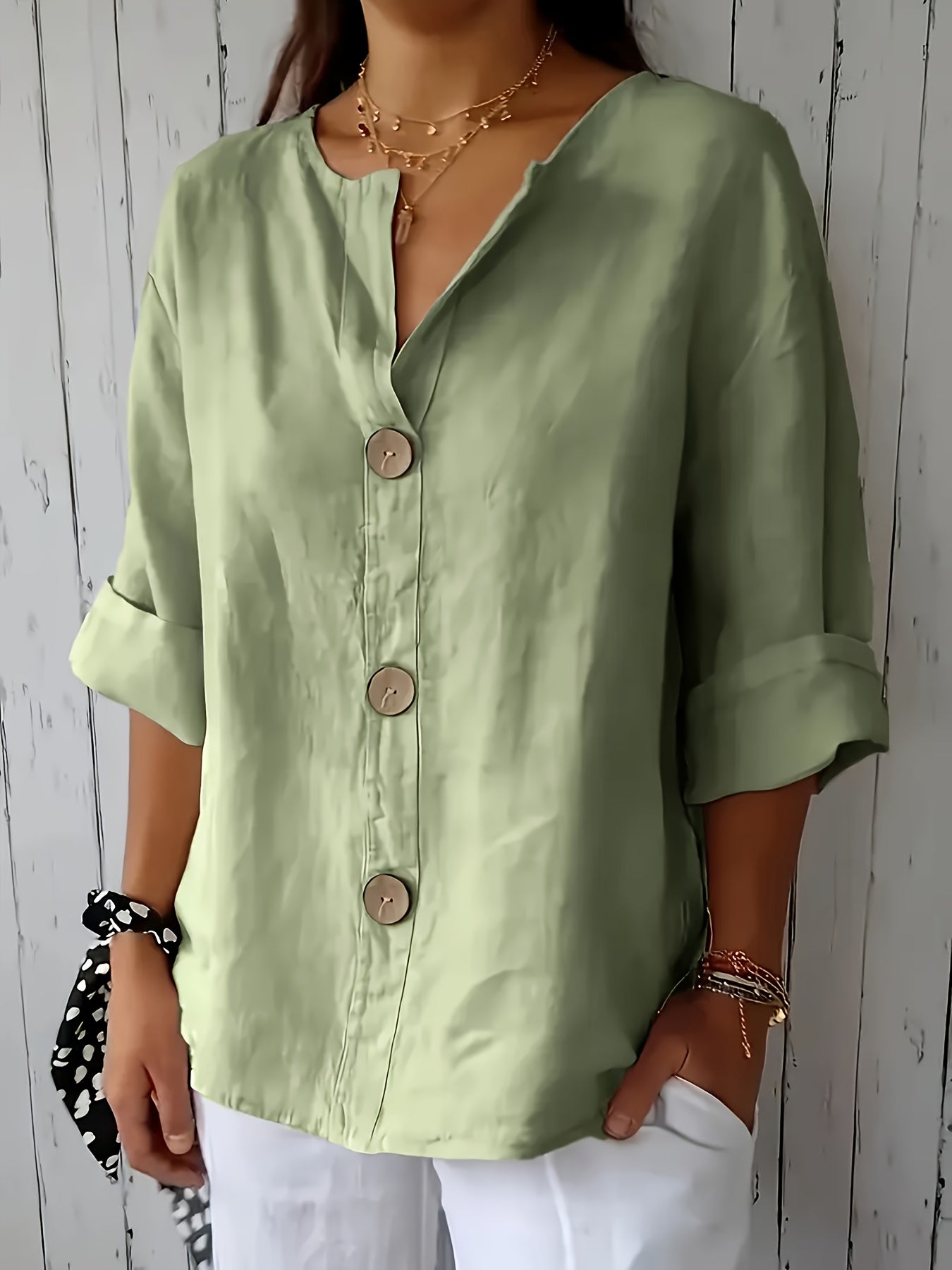 Lunessa – Butter-Soft Notched-Neck Button Blouse