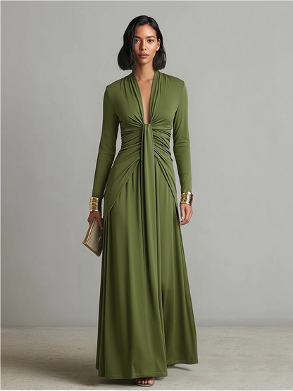 Olive Silk Maxi Dress V-Neck