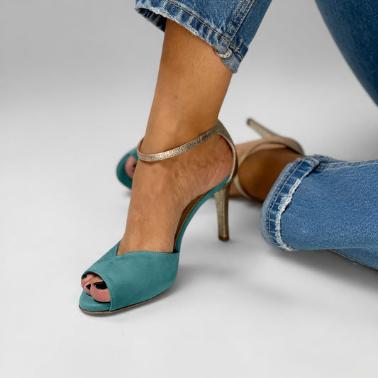 Roksana™ — Two-Tone Turquoise and Gold Stiletto Sandal with Vibrant Elegance