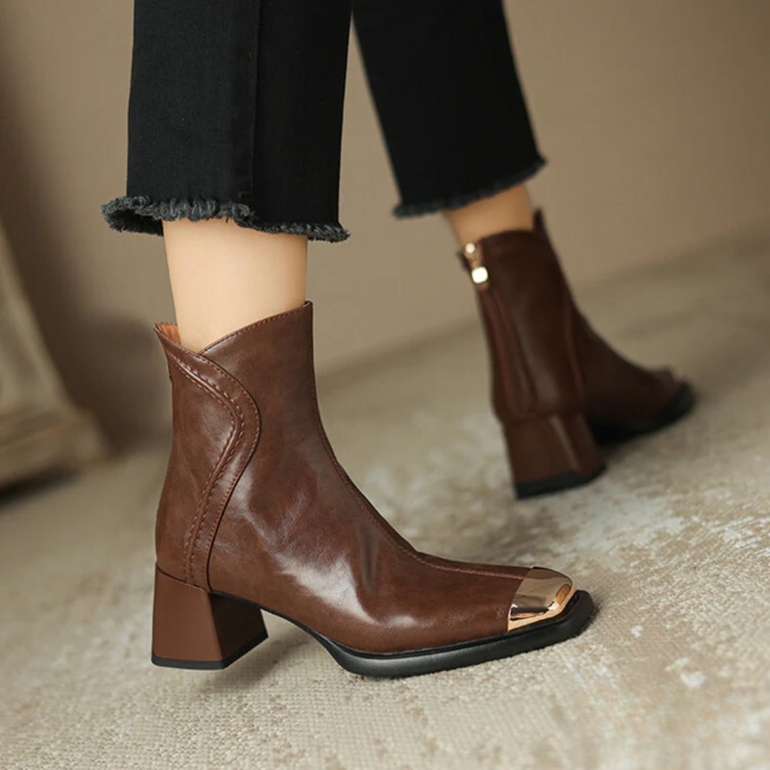 MAUREEN™ – Leather High Heel Ankle Boots with Elegant Cut and Gold Toe Detail