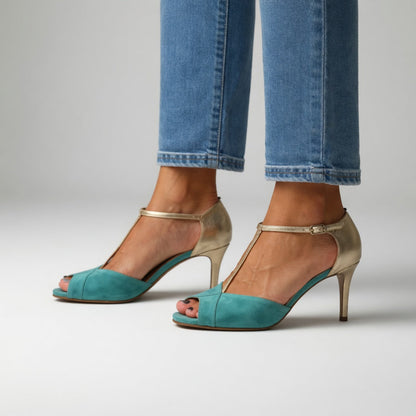 Roksana™ — Two-Tone Turquoise and Gold Stiletto Sandal with Vibrant Elegance