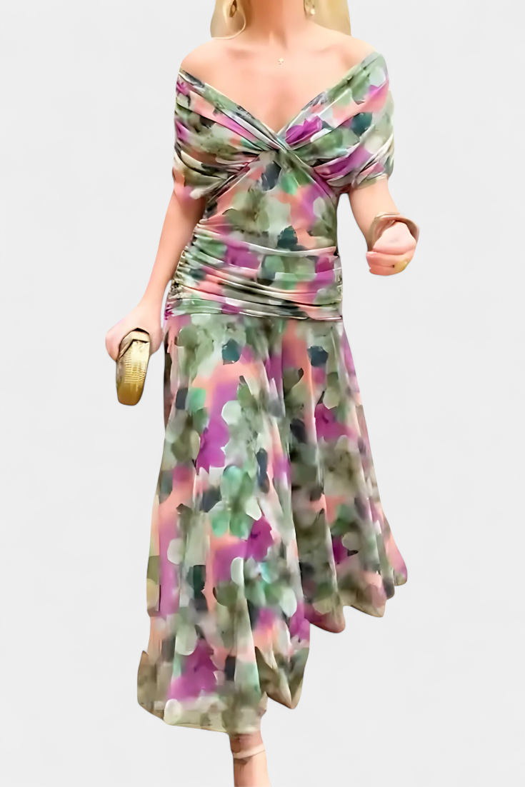 Elegant Knee Length Dress Deep V Neck Ruched Waist