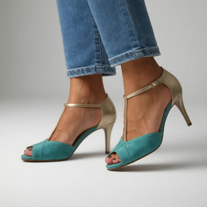 Roksana™ — Two-Tone Turquoise and Gold Stiletto Sandal with Vibrant Elegance