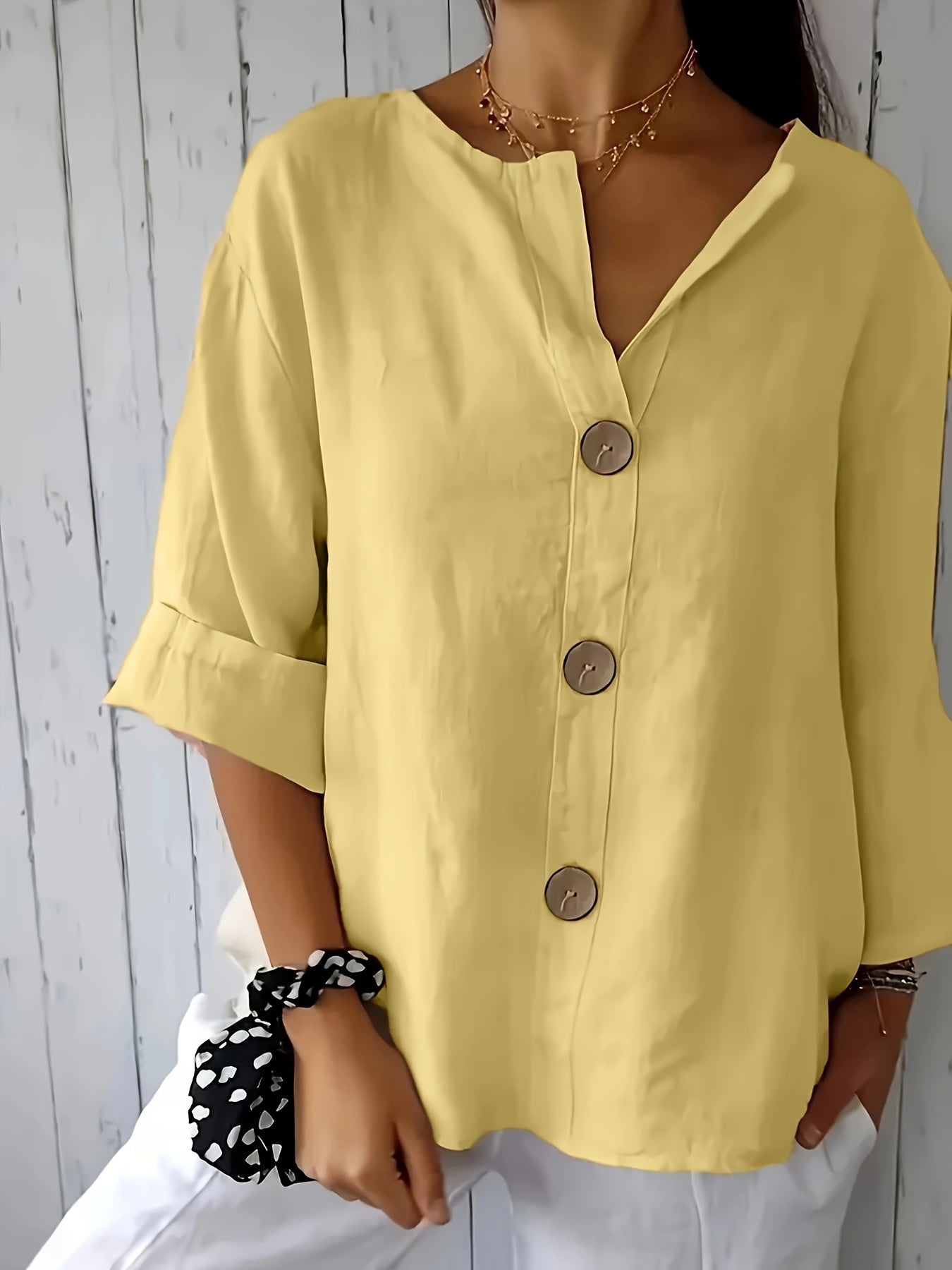 Lunessa – Butter-Soft Notched-Neck Button Blouse