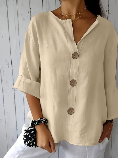 Lunessa – Butter-Soft Notched-Neck Button Blouse