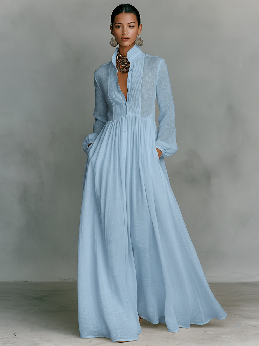 Patchwork Linen Maxi Dress with Stand Collar