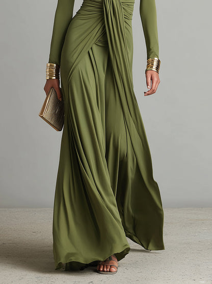 Olive Silk Maxi Dress V-Neck