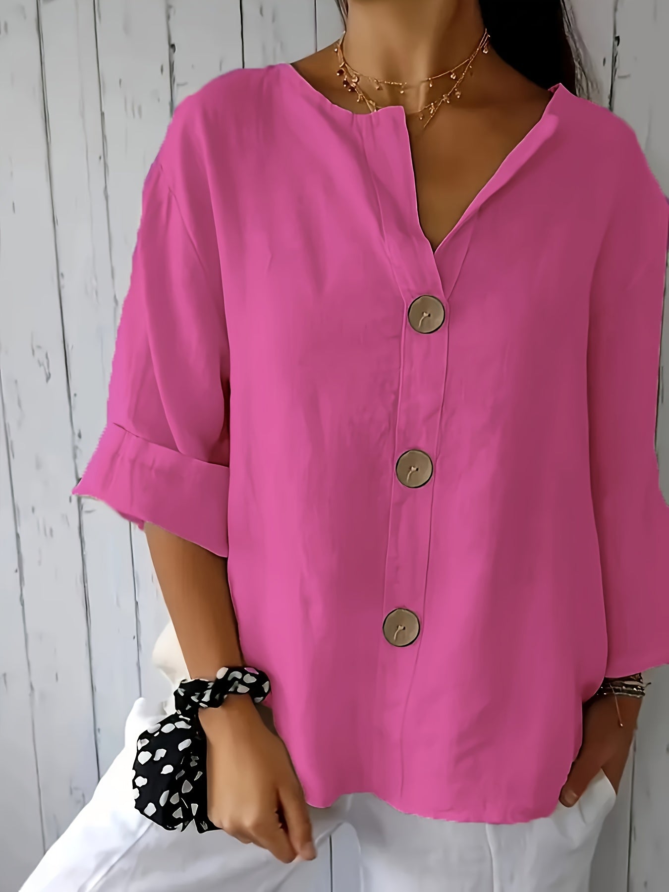 Lunessa – Butter-Soft Notched-Neck Button Blouse