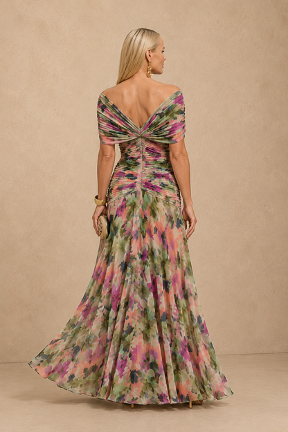 Women's Off Shoulder Chiffon Maxi Dress Elegant Floral Print
