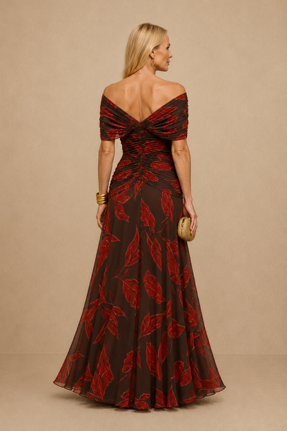 Women's Elegant Off Shoulder Formal Maxi Dress Floral Leaf Print