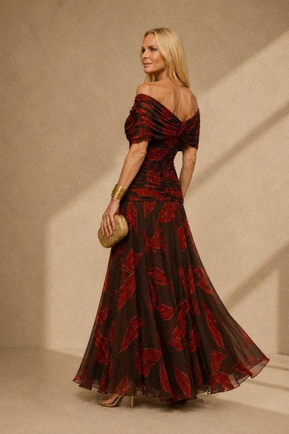 Women's Elegant Off Shoulder Formal Maxi Dress Floral Leaf Print