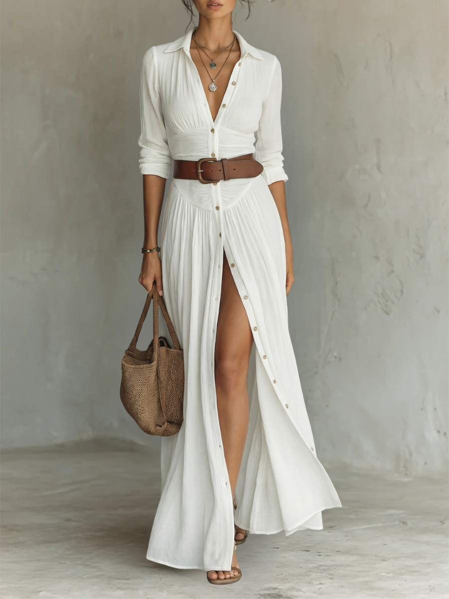 Linen Maxi Dress with Notched Collar and Long Sleeves