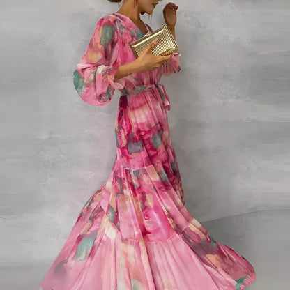 LUCIA | Long Summer Dress with Floral Pattern and Adjustable Silhouette