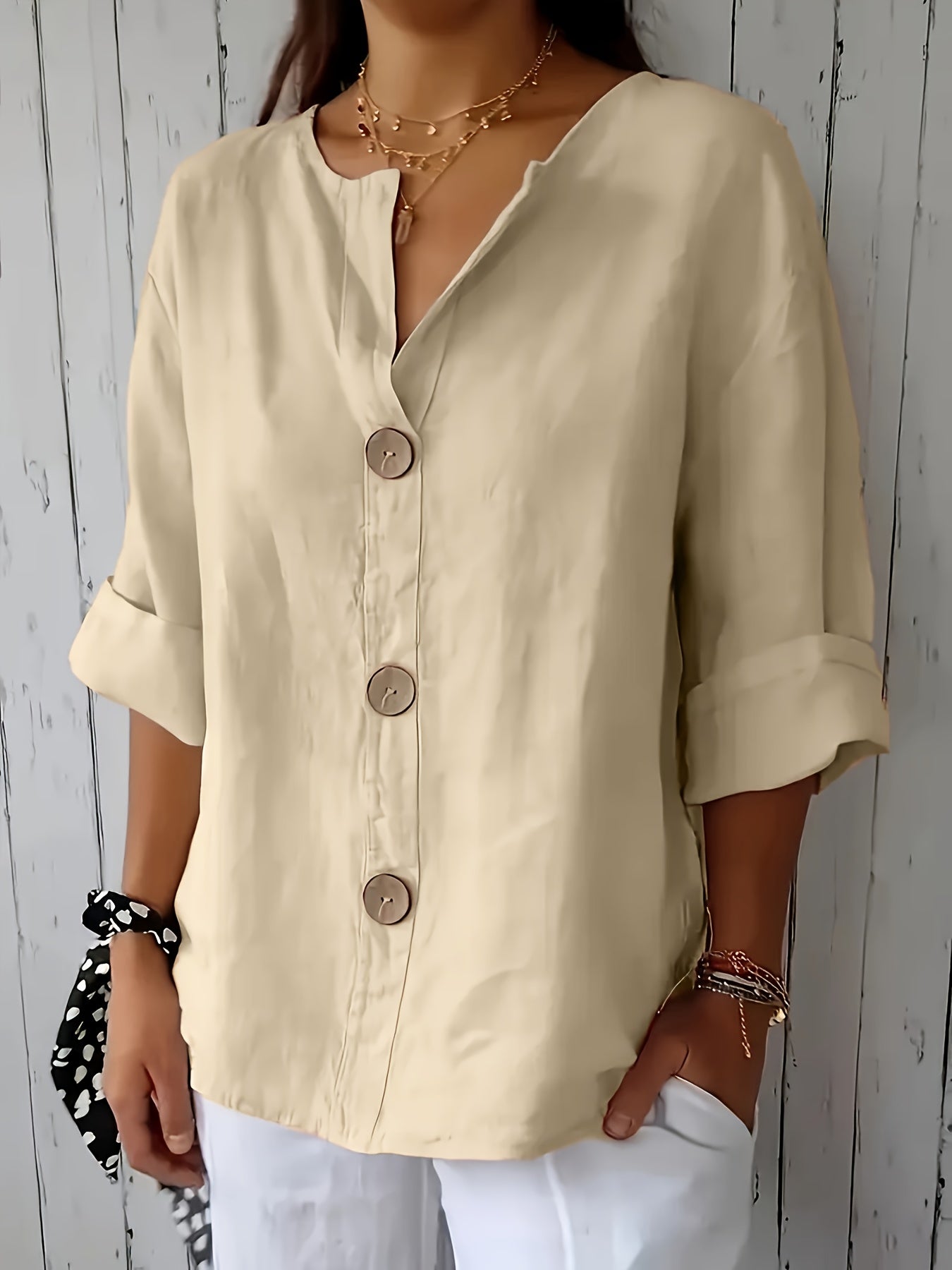 Lunessa – Butter-Soft Notched-Neck Button Blouse