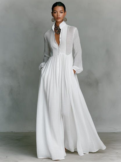 Patchwork Linen Maxi Dress with Stand Collar