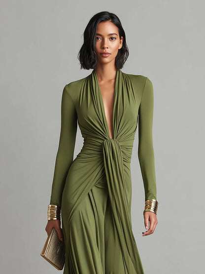Olive Silk Maxi Dress V-Neck