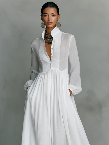 Patchwork Linen Maxi Dress with Stand Collar