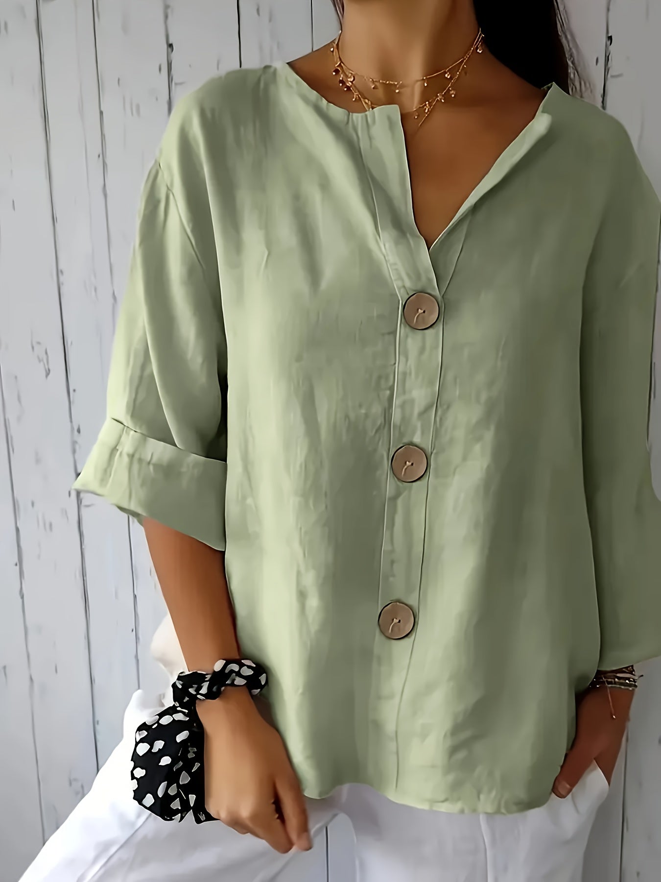 Lunessa – Butter-Soft Notched-Neck Button Blouse