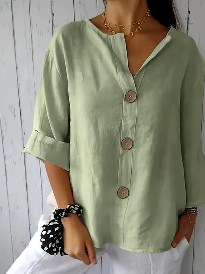 Lunessa – Butter-Soft Notched-Neck Button Blouse