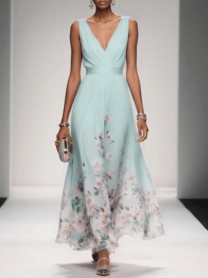 Rose | Light Blue Floral Chiffon V-Neck Maxi Dress