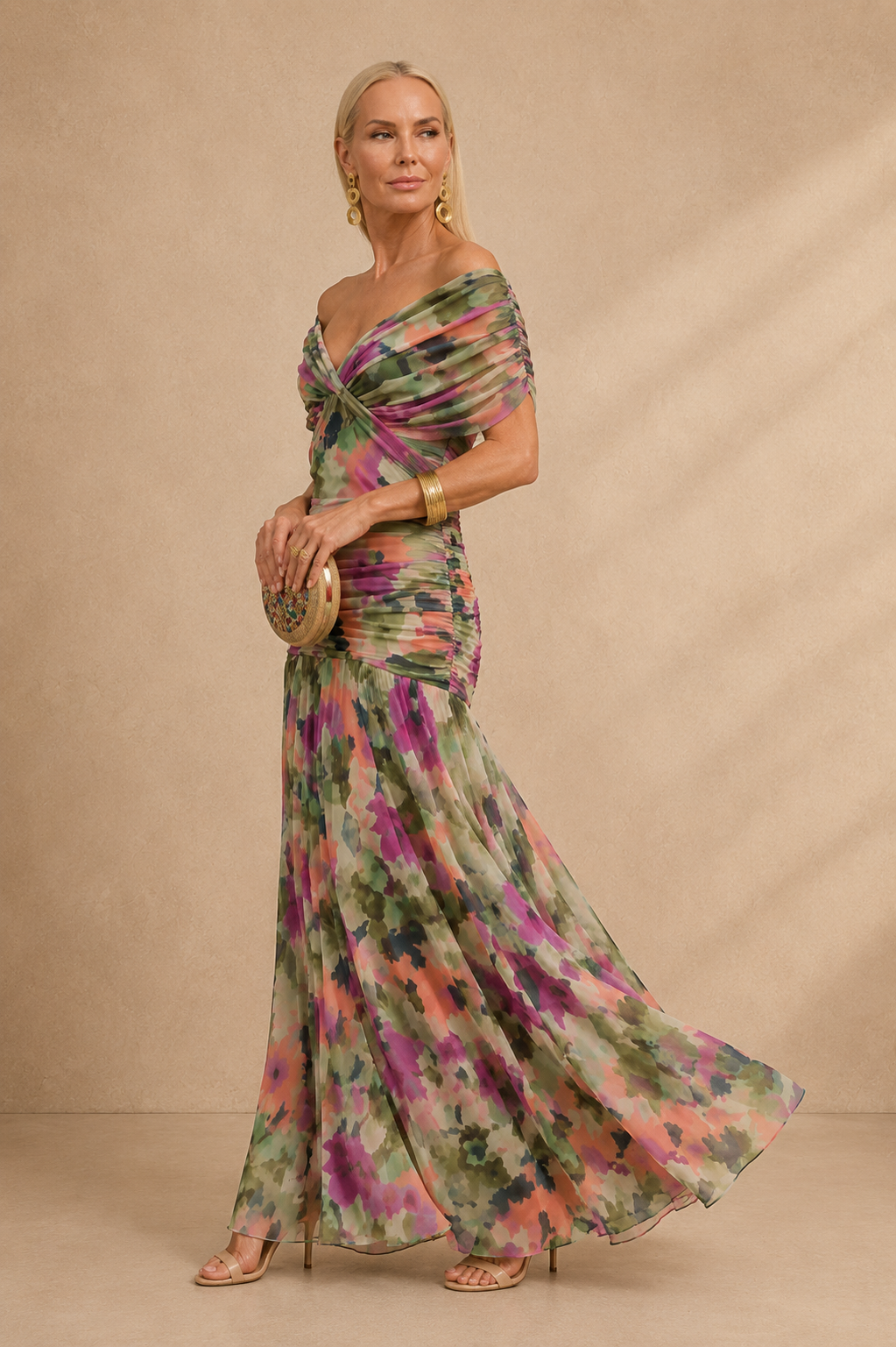 Women's Off Shoulder Chiffon Maxi Dress Elegant Floral Print