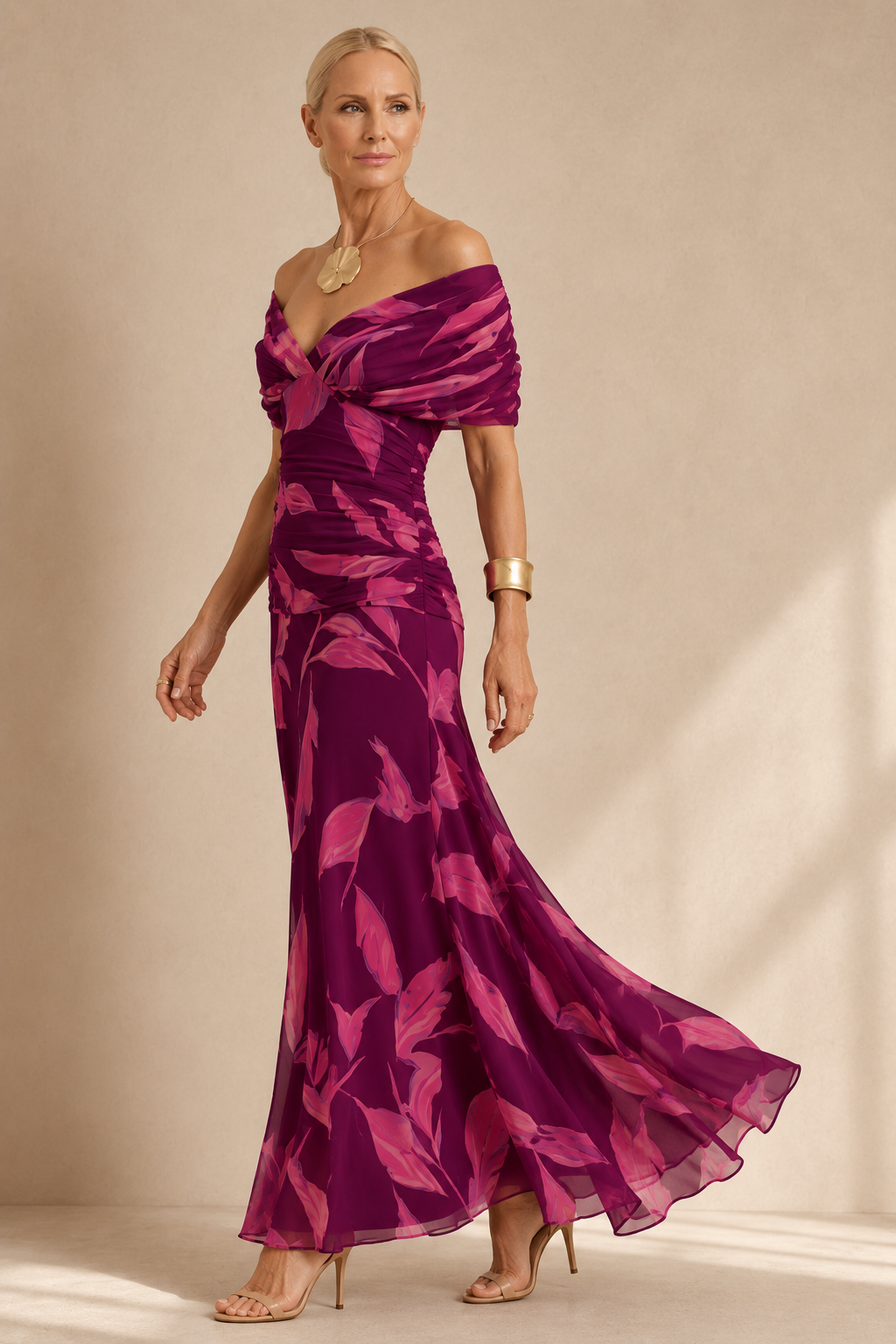 Women's Floral Leaf Maxi Dress Elegant Ruched Evening Dress