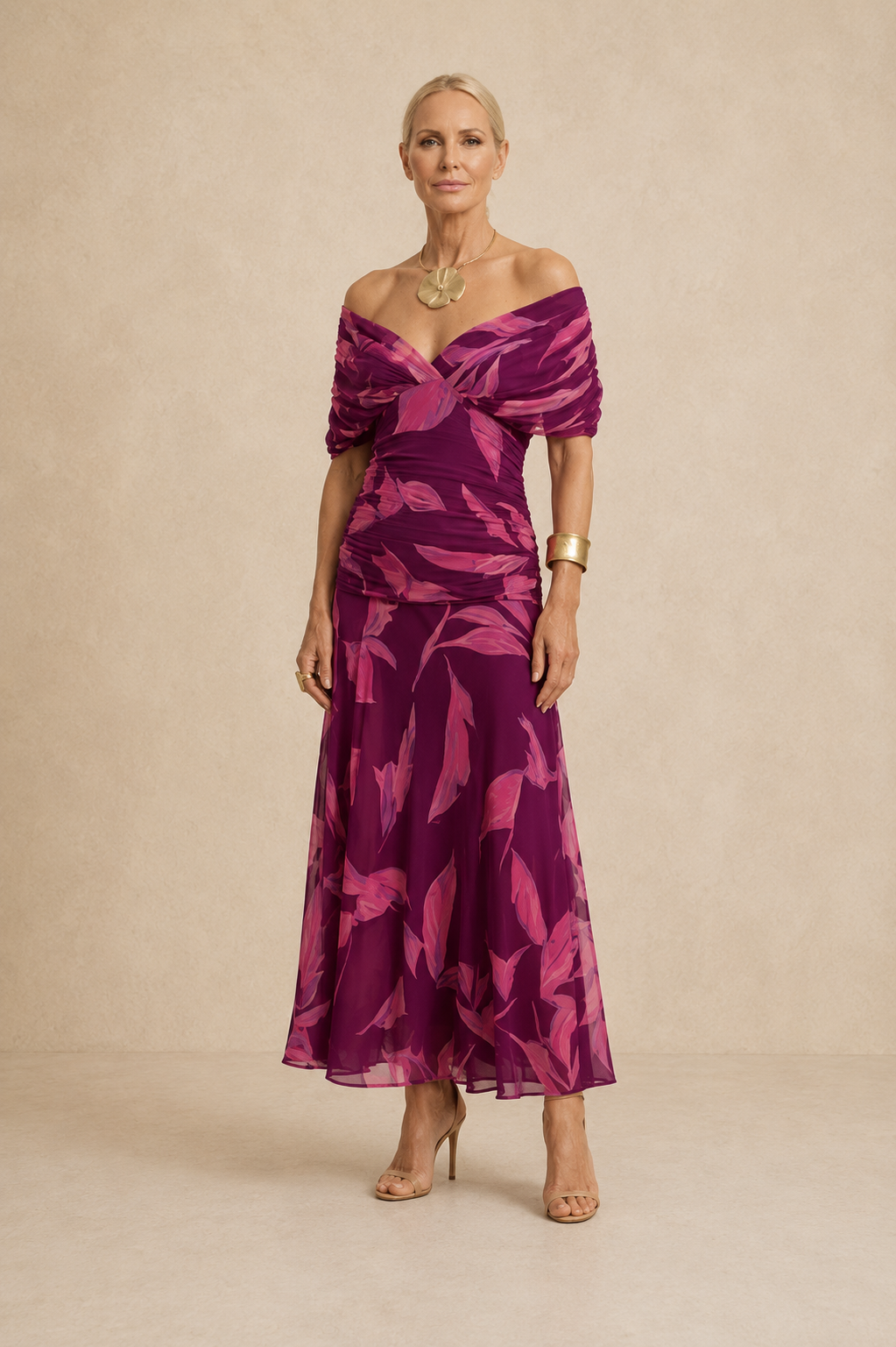 Women's Floral Leaf Maxi Dress Elegant Ruched Evening Dress