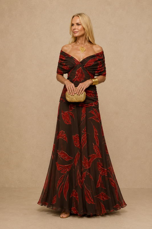 Women's Elegant Off Shoulder Formal Maxi Dress Floral Leaf Print