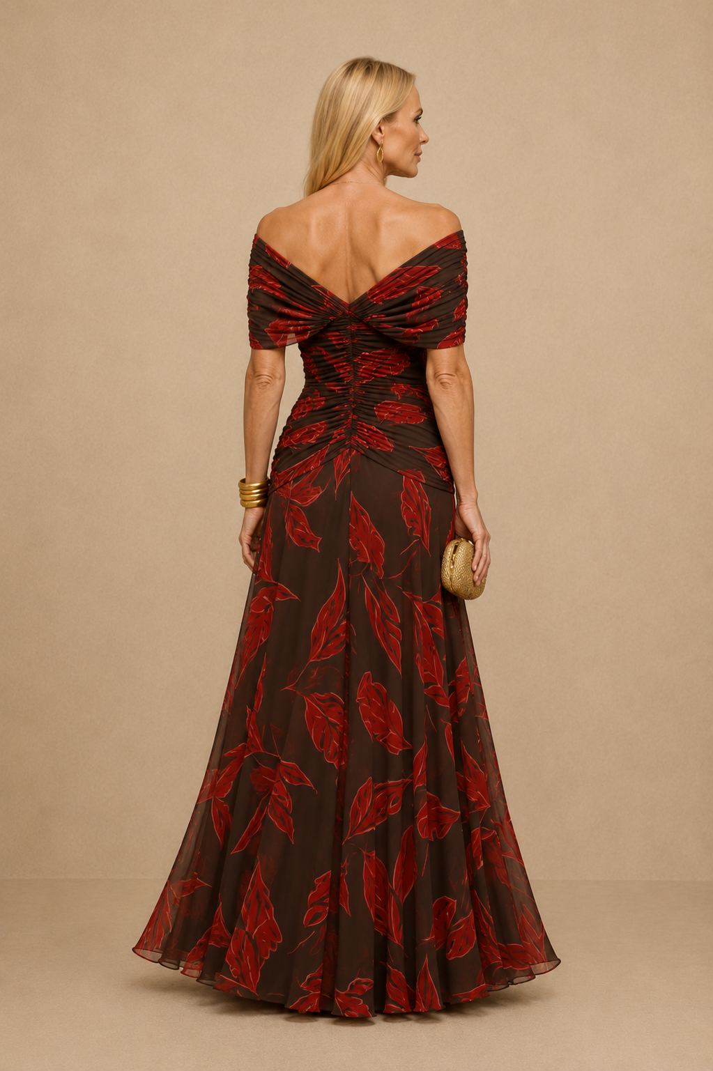 Women's Elegant Off Shoulder Formal Maxi Dress Floral Leaf Print