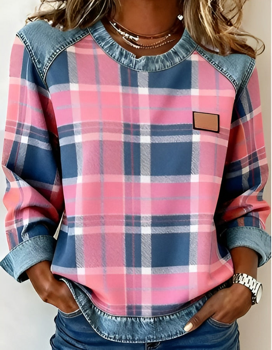 Avery | Pink Check Denim Knit Sweater